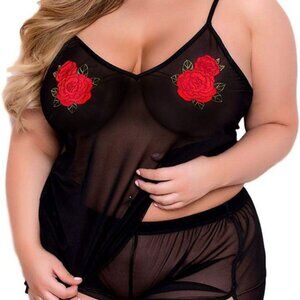 Sheer Mesh Cami Set Rose Applique Plus Size Sleepwear Lounge Pajamas